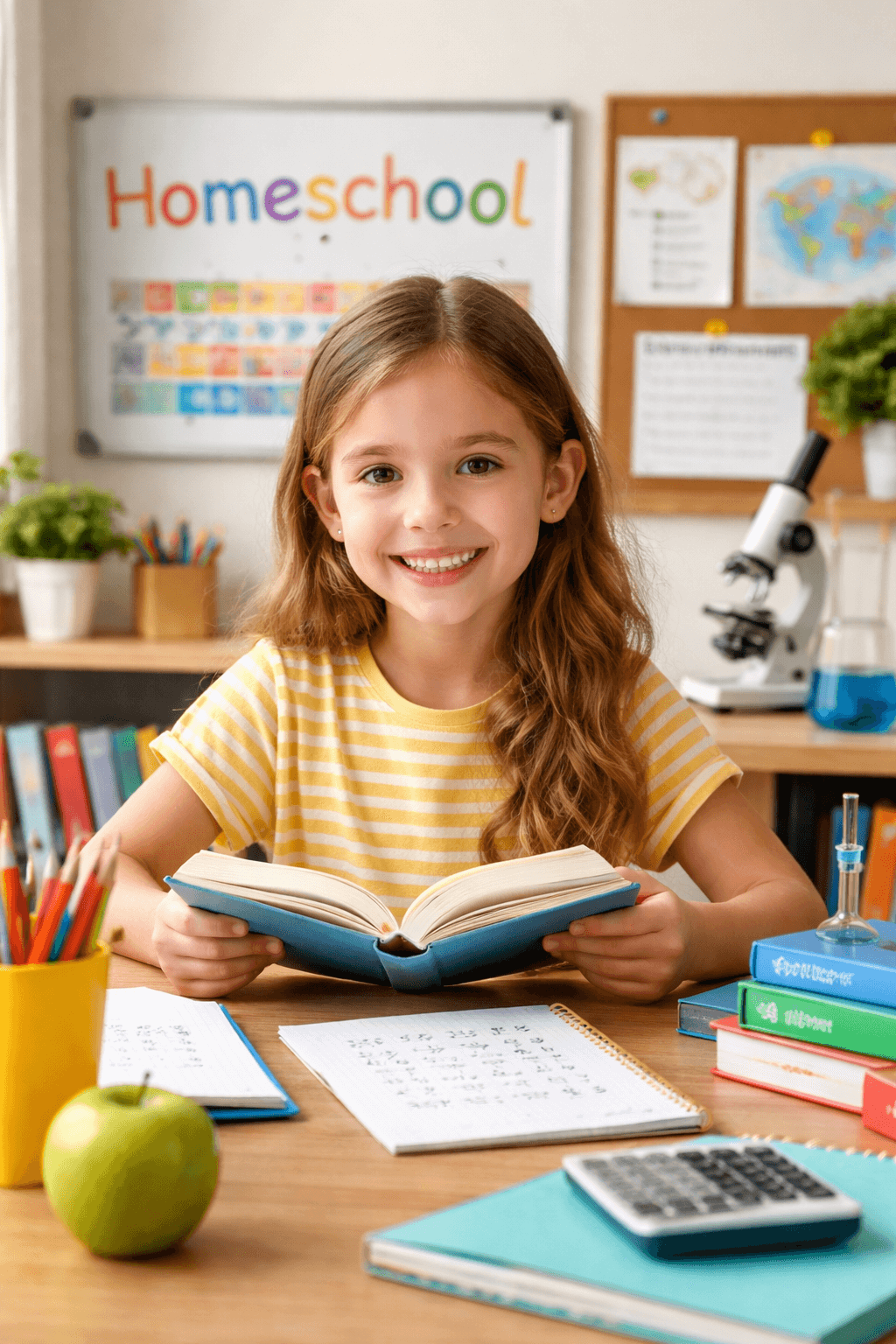 Happy girl learning independently at her homeschool desk with books, calculator, and science equipment